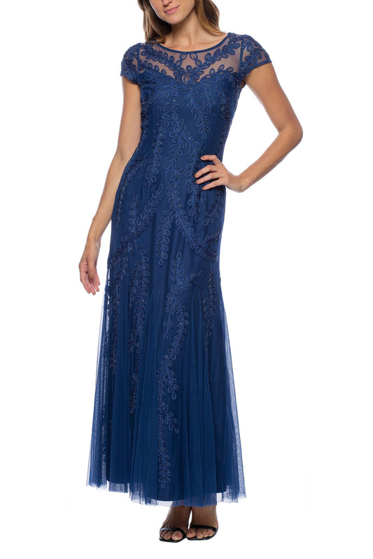 Mother of the Bride Dresses Long Illusion Boat Neck Mesh Dress Navy