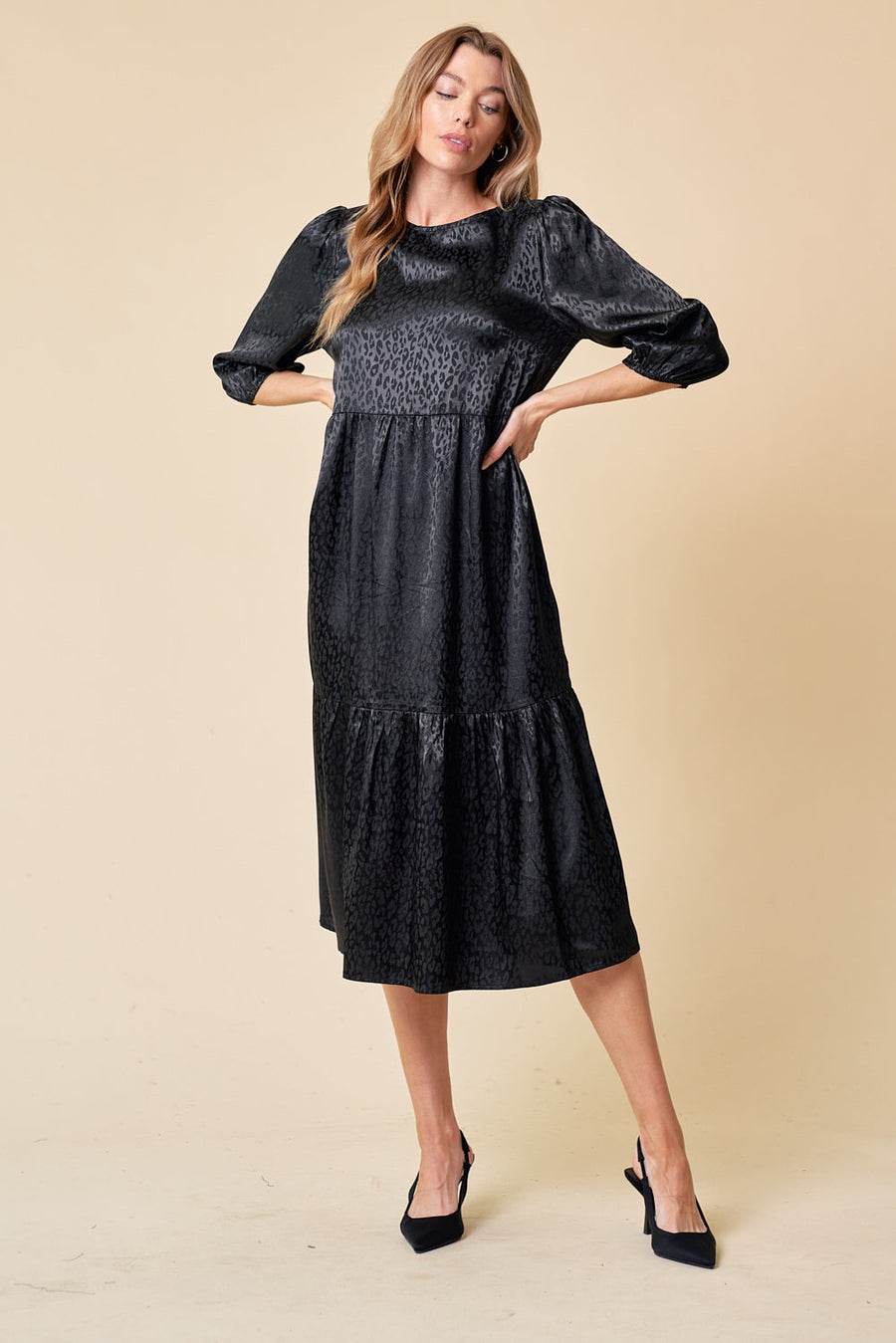 Cocktail Dresses Semi Formal 3/4 Sleeve Tiered Midi Dress Black