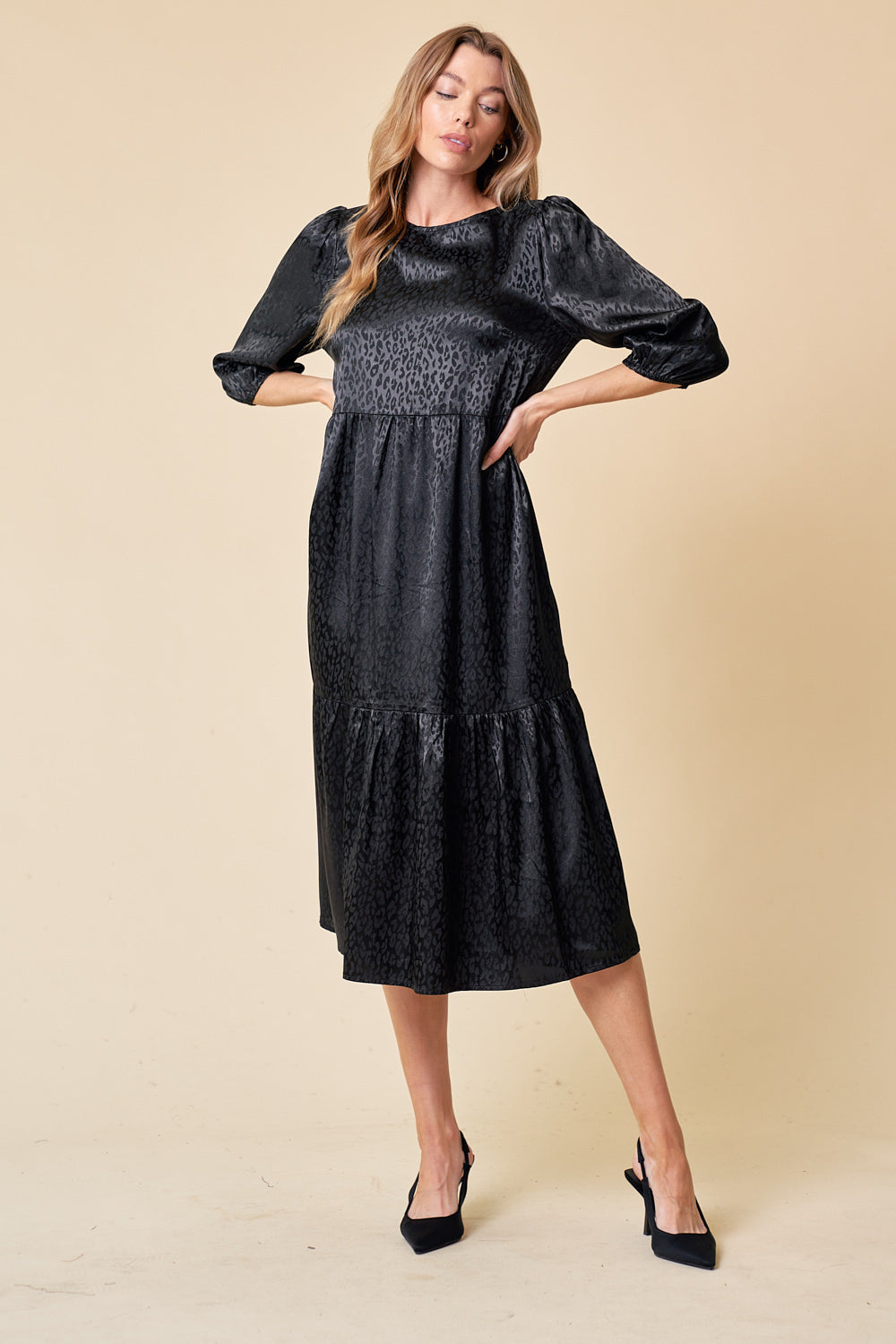 Cocktail Dresses Semi Formal 3/4 Sleeve Tiered Midi Dress Black