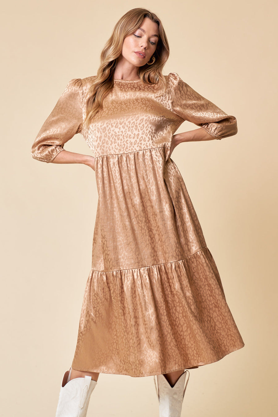 Cocktail Dresses Semi Formal 3/4 Sleeve Tiered Midi Dress Toffee