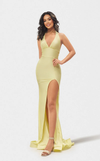 Prom Dresses Long Formal Fitted Slit Prom Dress Light Yellow