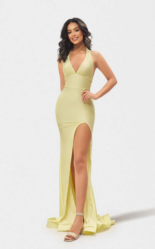 Prom Dresses Long Formal Fitted Slit Prom Dress Light Yellow