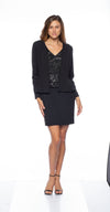 Cocktail Dresses Long Sleeve V Neck Sequined Crepe Short 2 Piece Jacket Dress Black