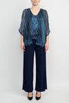 Pant Suit Metallic Top Mid Waist Jersey Pant Set Navy Multi