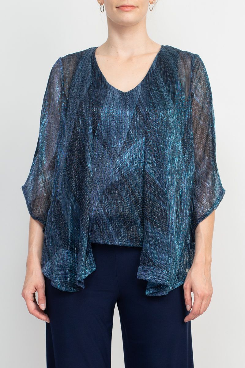 Pant Suit Metallic Top Mid Waist Jersey Pant Set Navy Multi