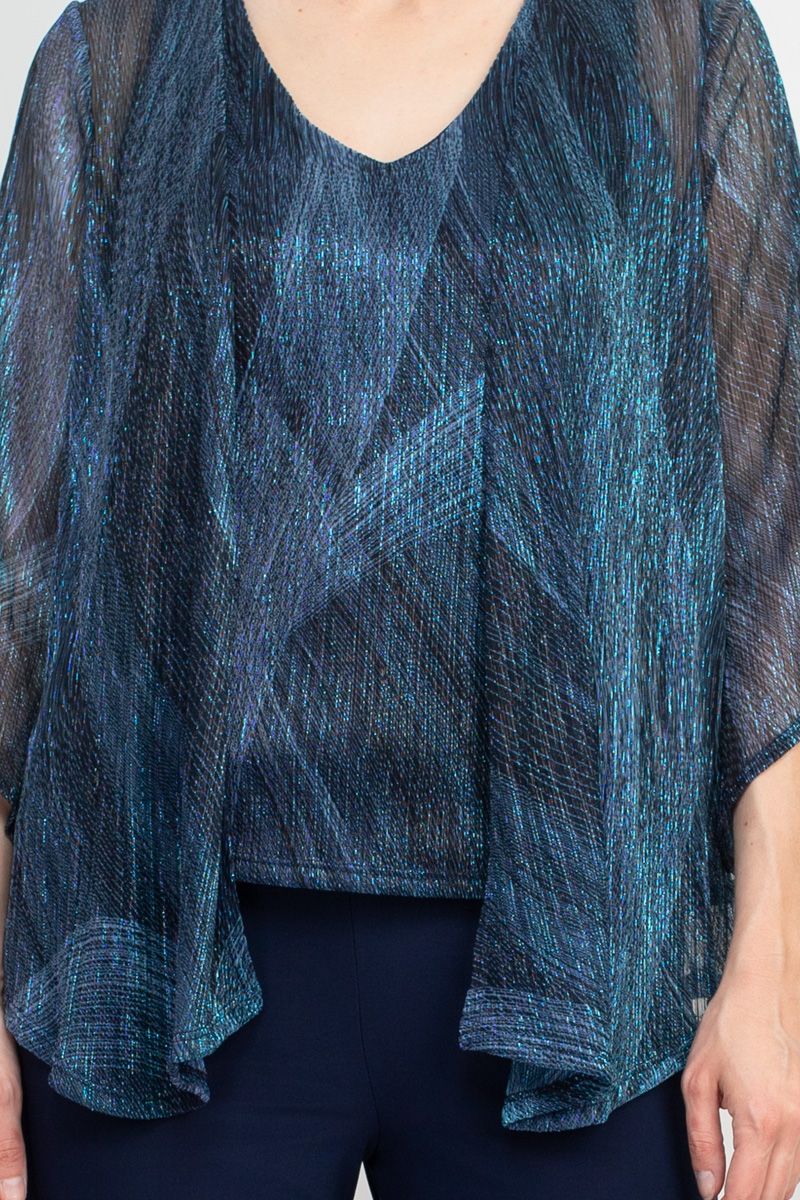 Pant Suit Metallic Top Mid Waist Jersey Pant Set Navy Multi