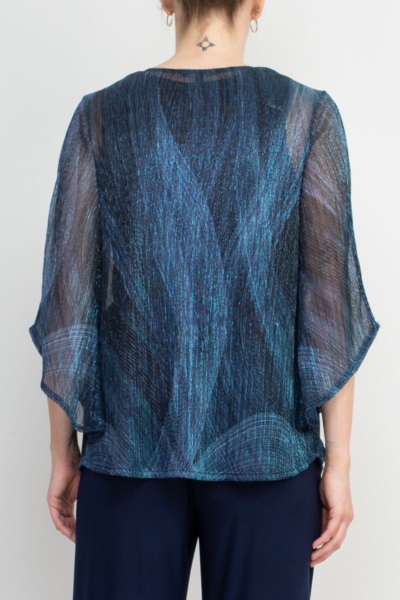 Pant Suit Metallic Top Mid Waist Jersey Pant Set Navy Multi