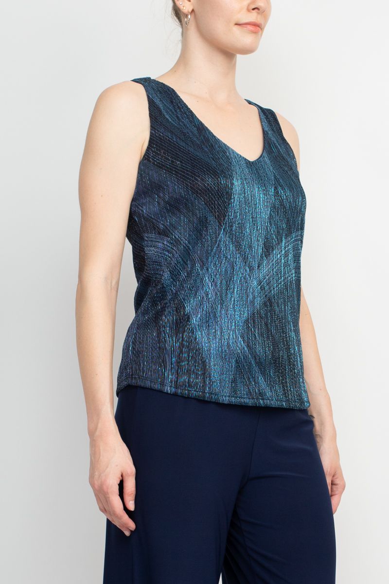 Pant Suit Metallic Top Mid Waist Jersey Pant Set Navy Multi