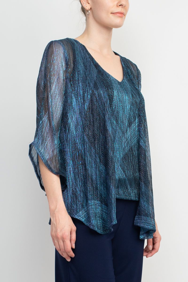 Pant Suit Metallic Top Mid Waist Jersey Pant Set Navy Multi