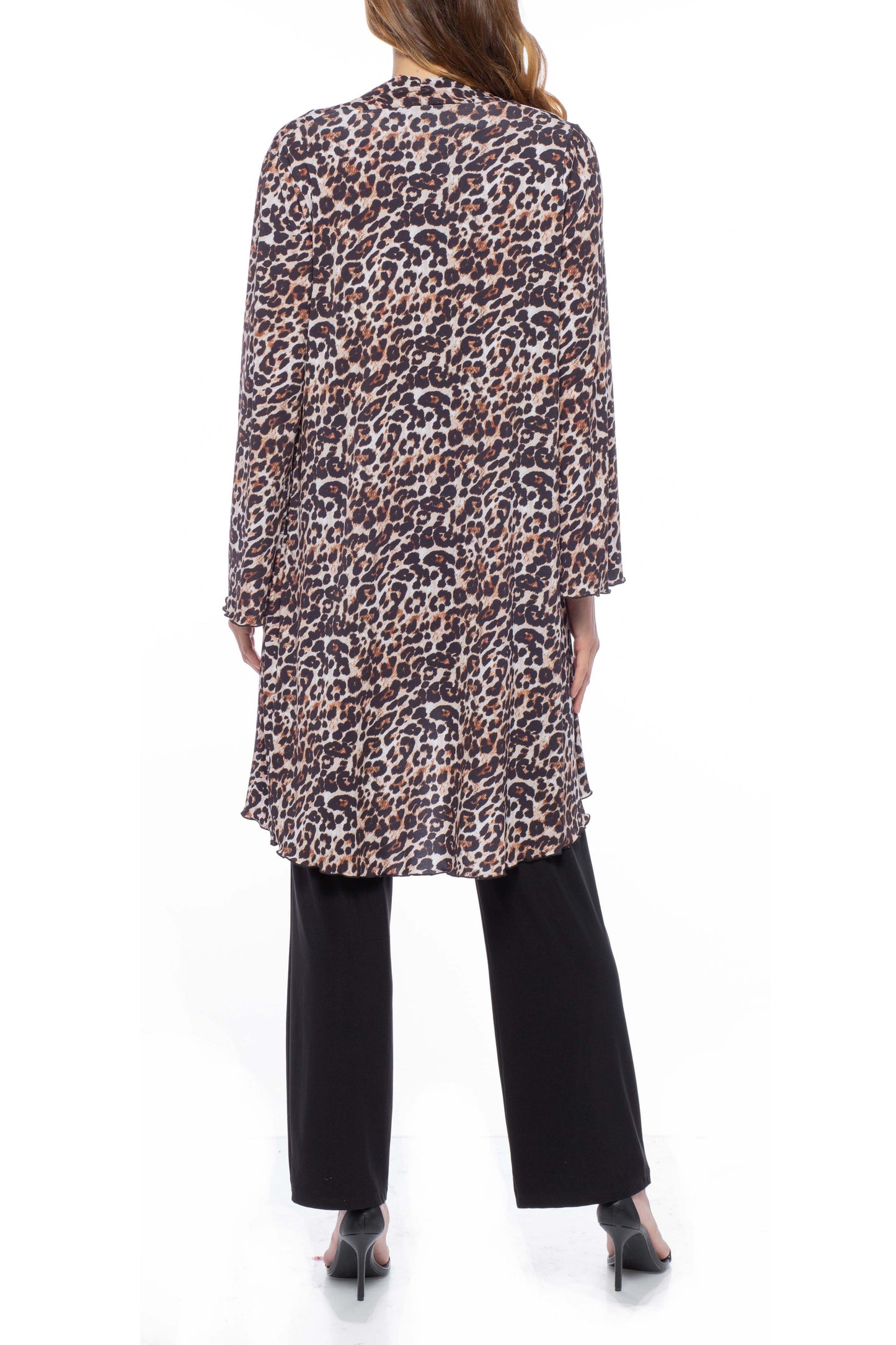 Pant Suit Animal Print Top and Jacket with Elastic Waist Pant Set Black Brown