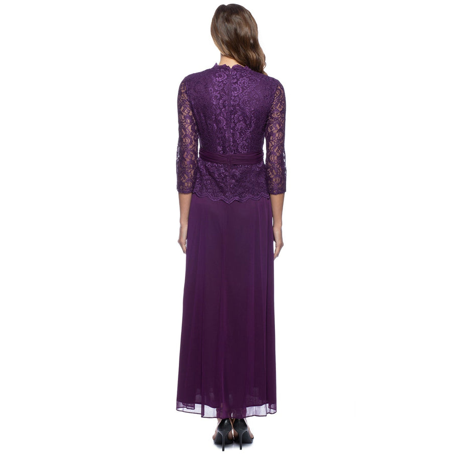 Mother of the Bride Dresses Long 3/4 Sleeve Lace Bodice Formal Dress Eggplant
