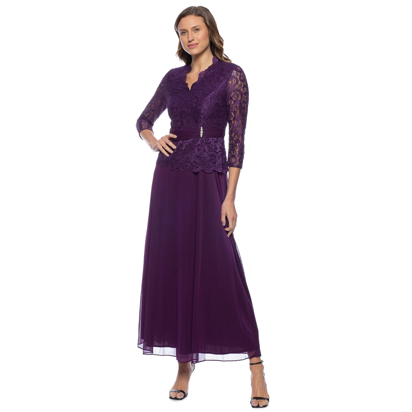 Mother of the Bride Dresses Long 3/4 Sleeve Lace Bodice Formal Dress Eggplant
