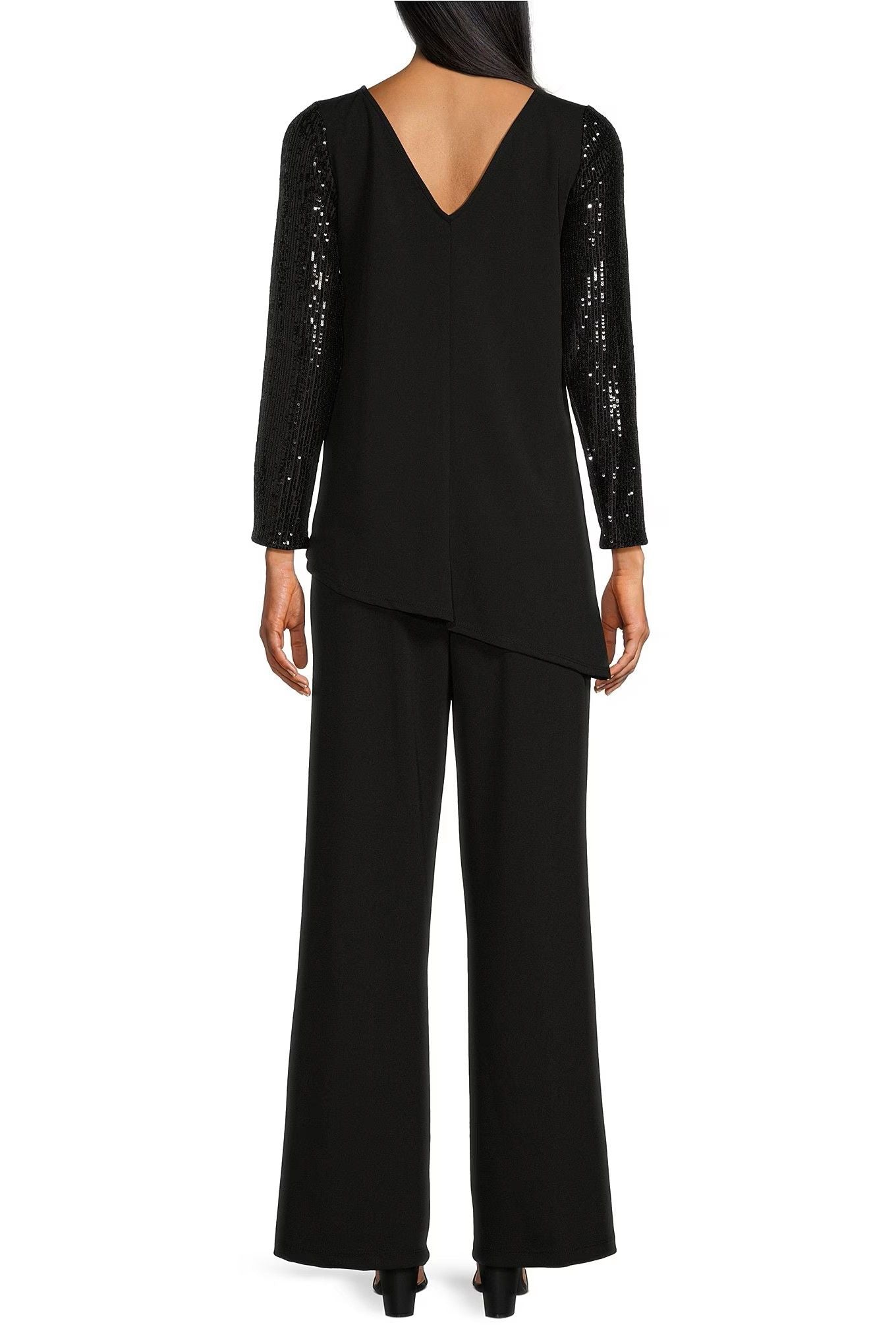 Pant Suit Sequin Sleeves Pullover Scuba Crepe Pant Set Black