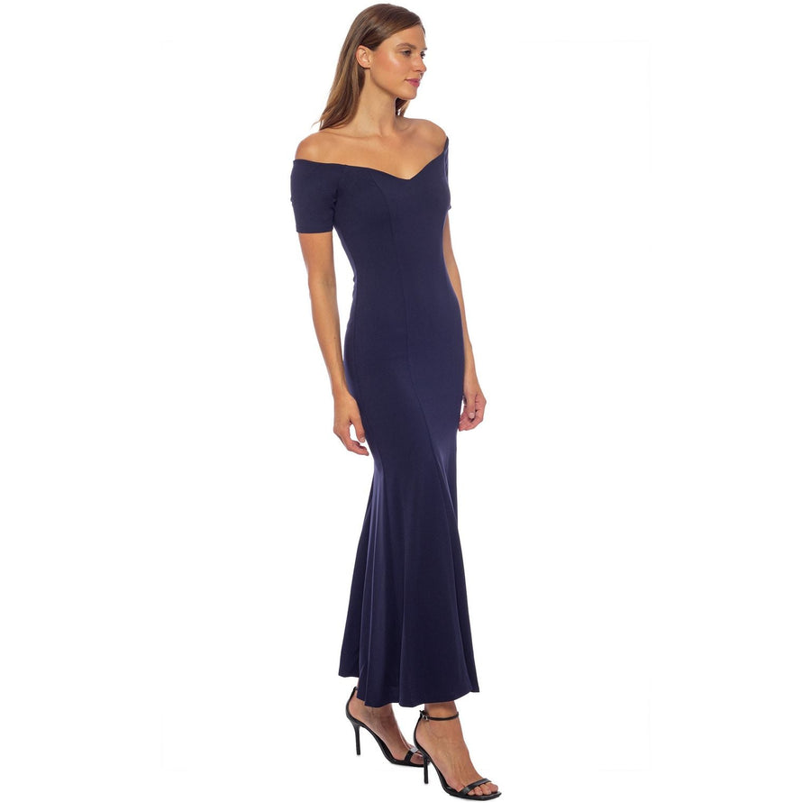 Formal Dresses Short Sleeve Off Shoulder Scuba Crepe Long Dress Navy