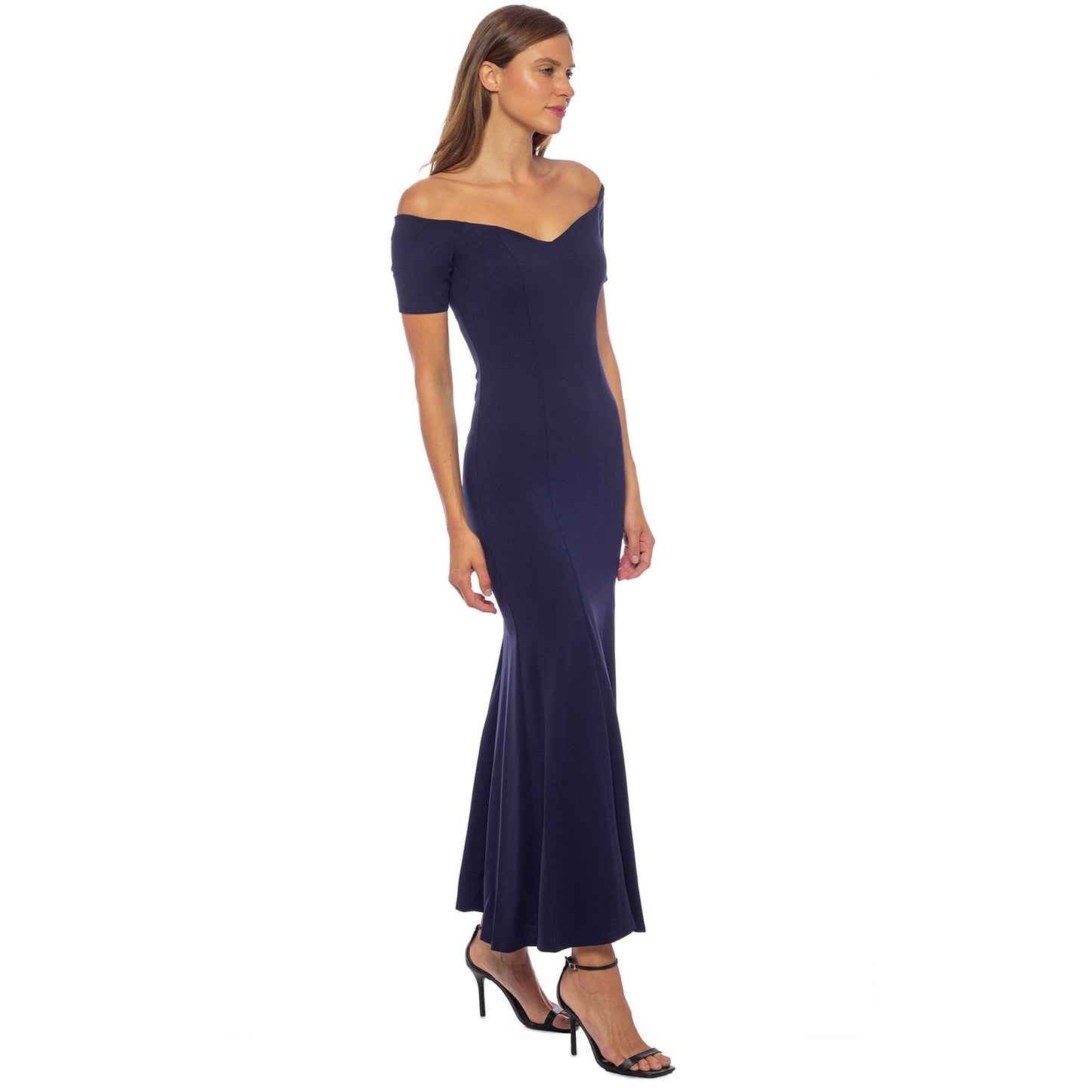 Formal Dresses Short Sleeve Off Shoulder Scuba Crepe Long Dress Navy