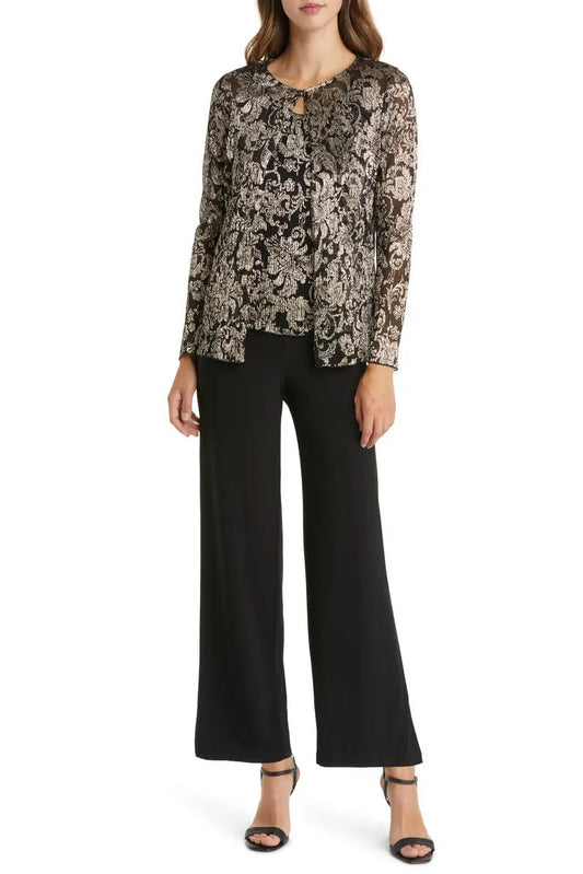 Pant Suit Long Metallic Floral Mother of the Bride Pantsuit BLACK GOLD