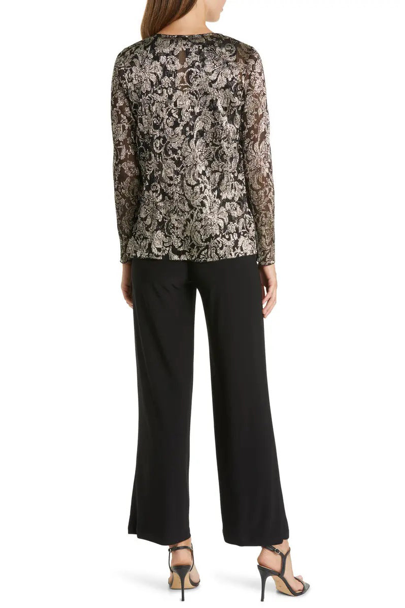 Pant Suit Long Metallic Floral Mother of the Bride Pantsuit BLACK GOLD