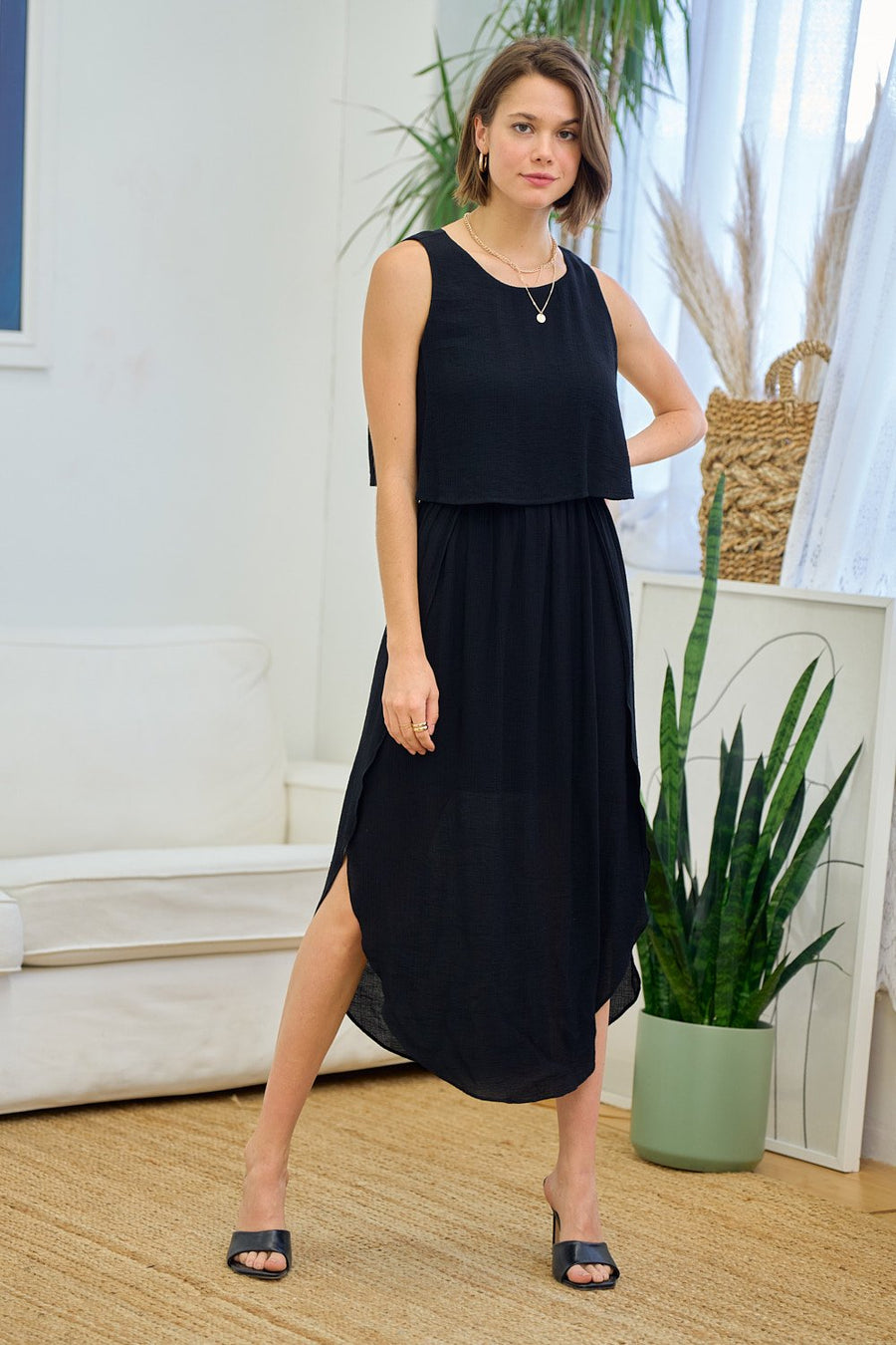 Cocktail Dresses Sleeveless Linen Layered Bodies Tulip Hem Midi Dress Black