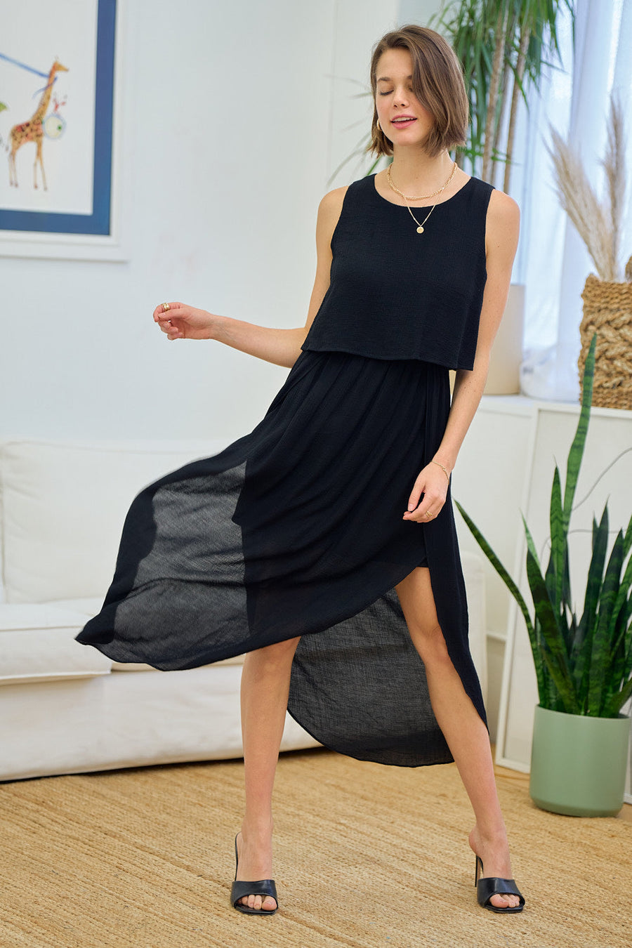 Cocktail Dresses Sleeveless Linen Layered Bodies Tulip Hem Midi Dress Black