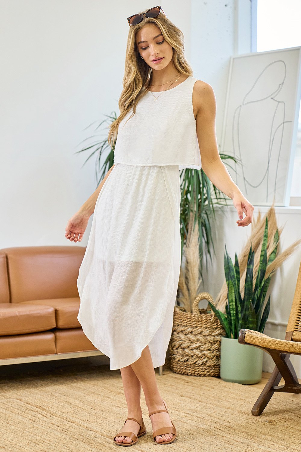 Cocktail Dresses Sleeveless Linen Layered Bodies Tulip Hem Midi Dress Off White