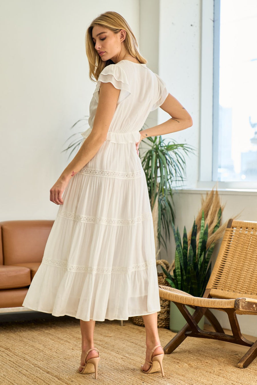 Cocktail Dresses Lace Trim Surplice Neck Tiered Maxi Dress Off White