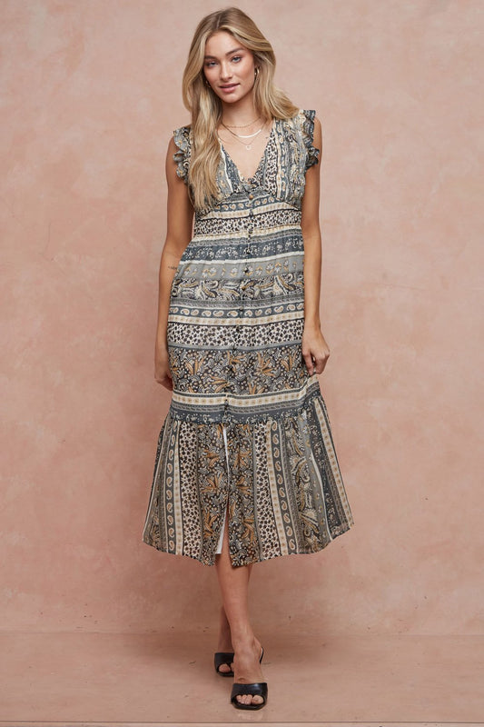 Cocktail Dresses Sleeveless Button Down Ruffle Midi Dress Sage/Black