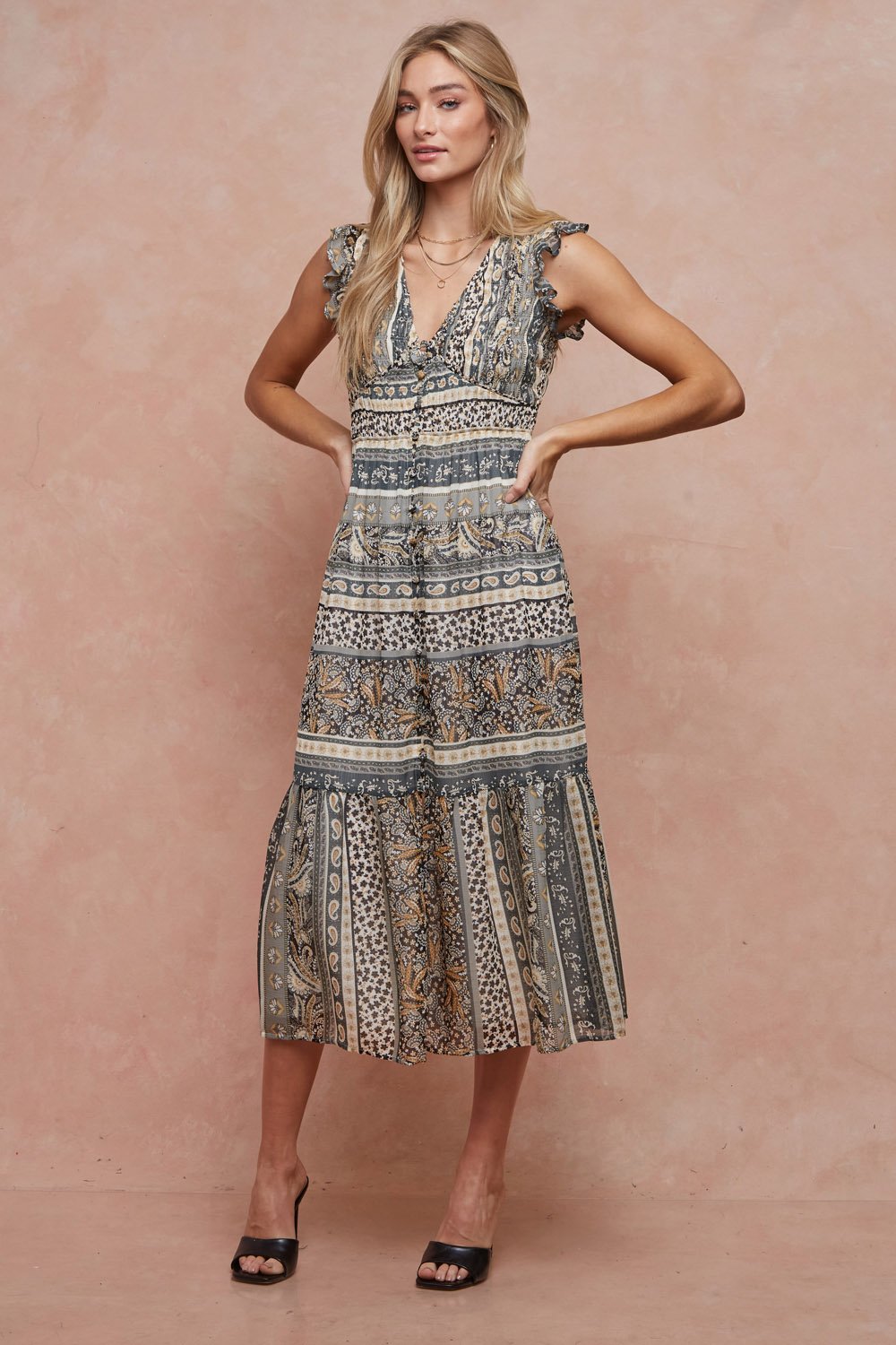 Cocktail Dresses Sleeveless Button Down Ruffle Midi Dress Sage/Black