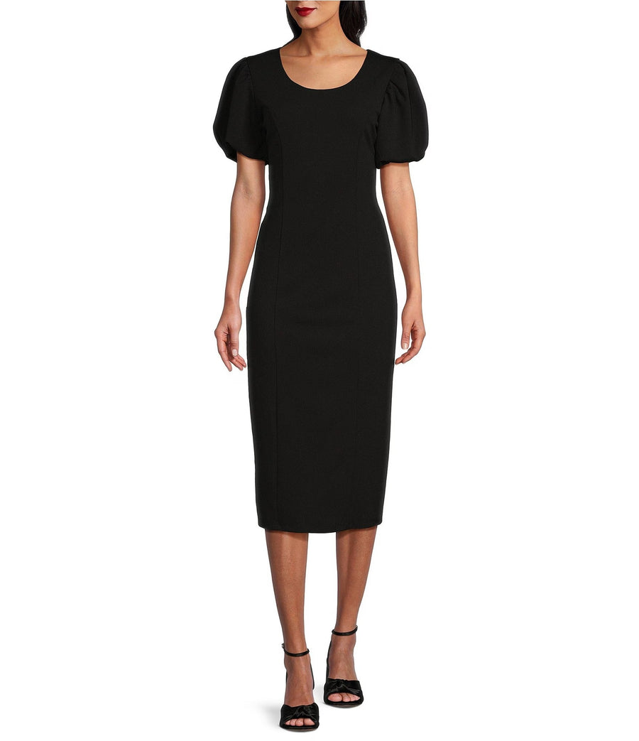 Cocktail Dresses Short Puffed Sleeve Fitted Cocktail Midi Dress Black