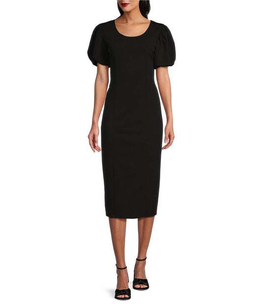 Cocktail Dresses Short Puffed Sleeve Fitted Cocktail Midi Dress Black