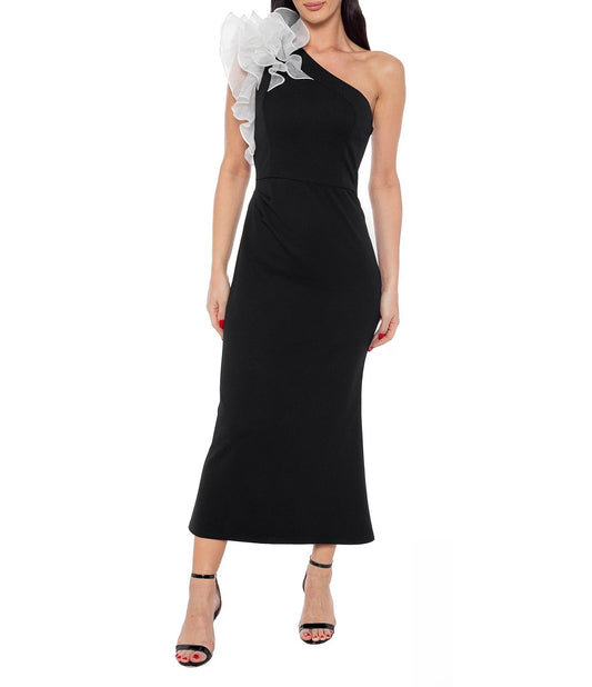 Cocktail Dresses Fitted Midi Length Ruffle Cocktail Dress Black/White