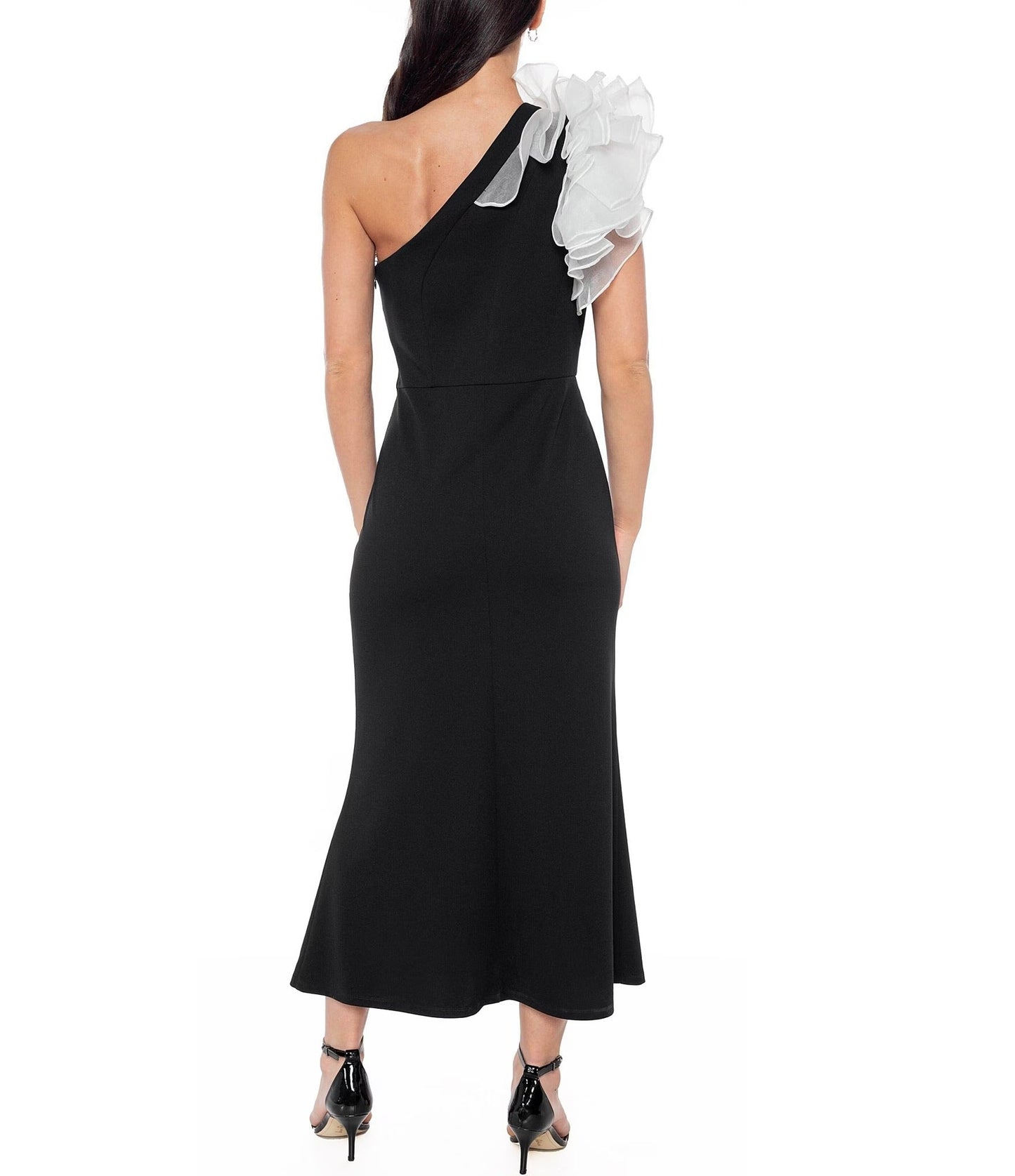 Cocktail Dresses Fitted Midi Length Ruffle Cocktail Dress Black/White