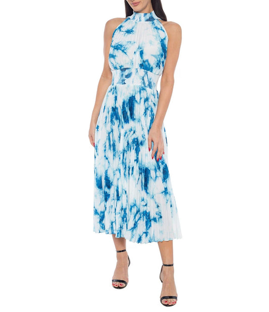 Cocktail Dresses Printed Short Pleated A Line Midi Cocktail Dress Blue/Ivory