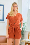 Jumpsuit Short Sleeve Front Tie Romper Rust