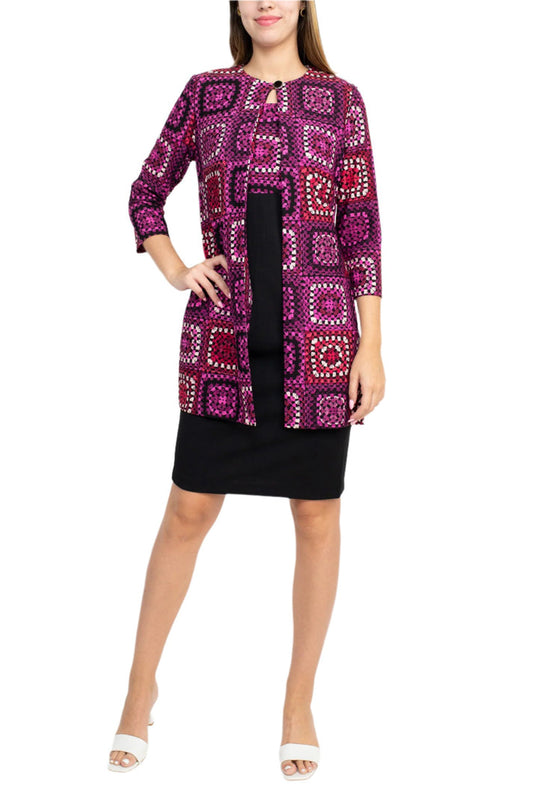 Cocktail Dresses Printed Short Cocktail Jacket Dress Black Fuchsia