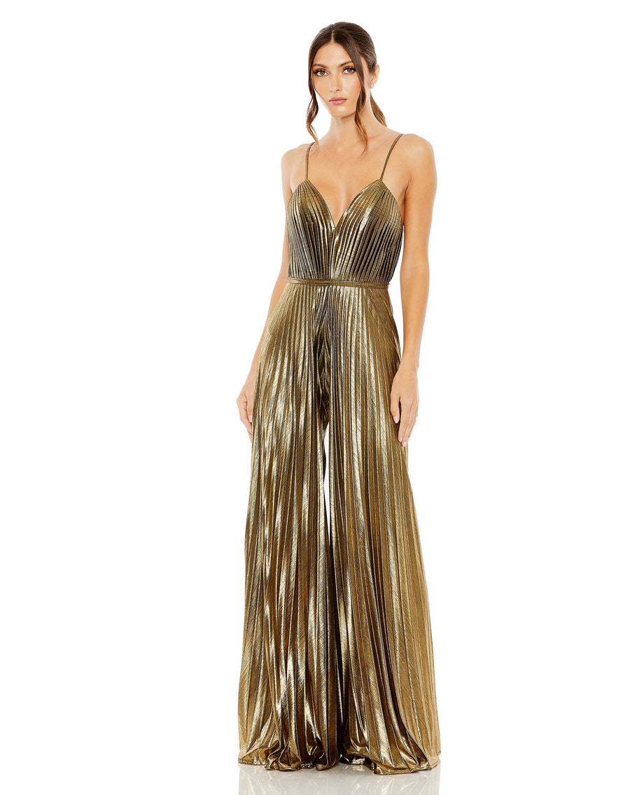 Jumpsuit Metallic Pleated Long Jumpsuit Antique Gold