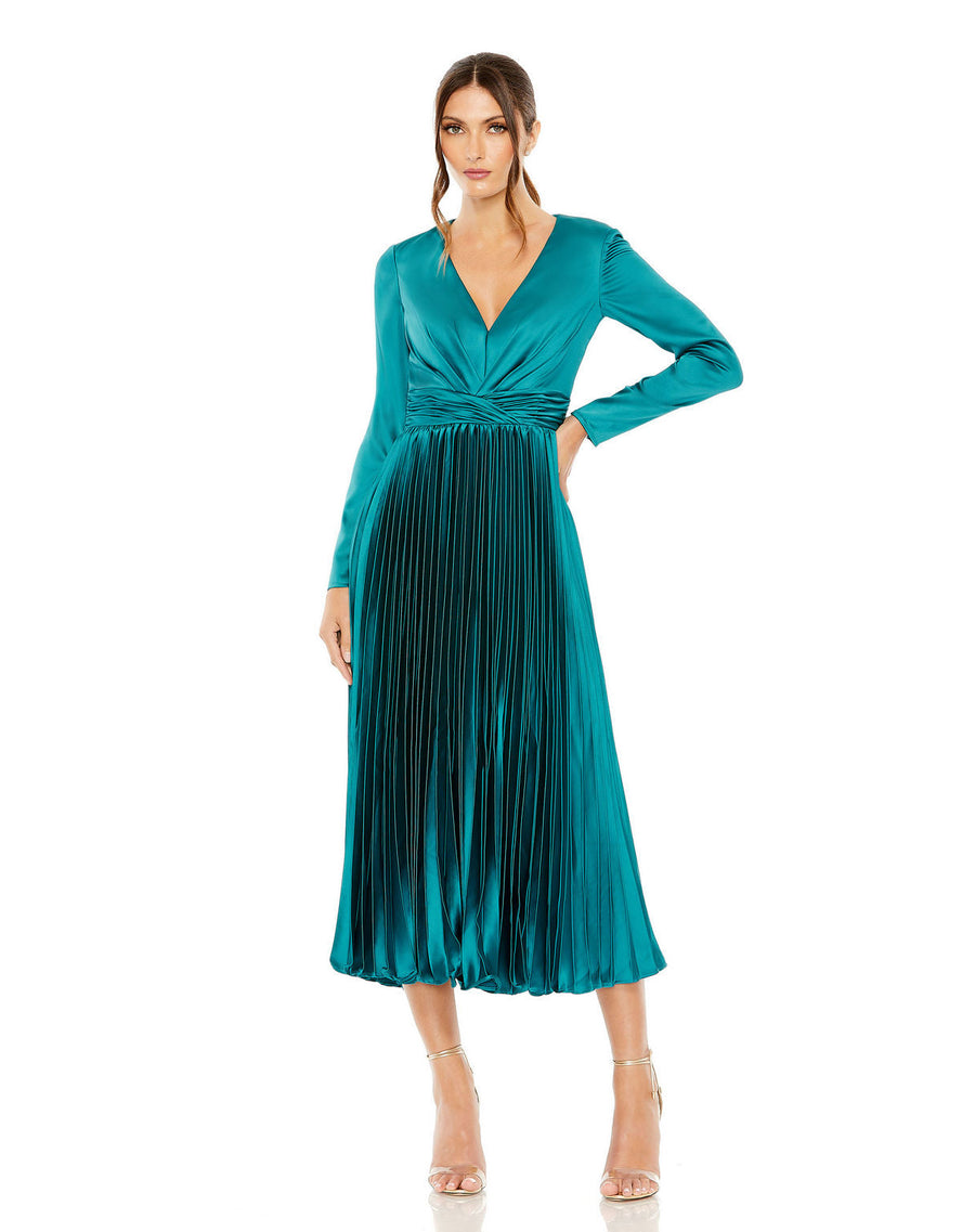 Cocktail Dresses Long Sleeve Pleated Cocktail Midi Dress Teal