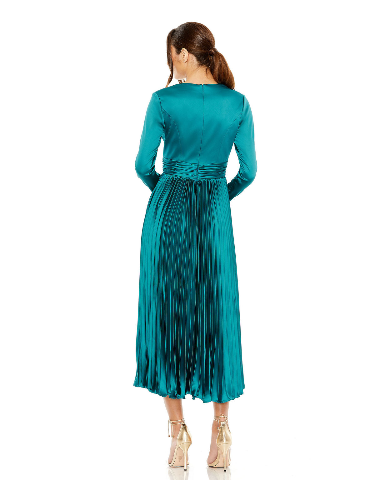 Cocktail Dresses Long Sleeve Pleated Cocktail Midi Dress Teal