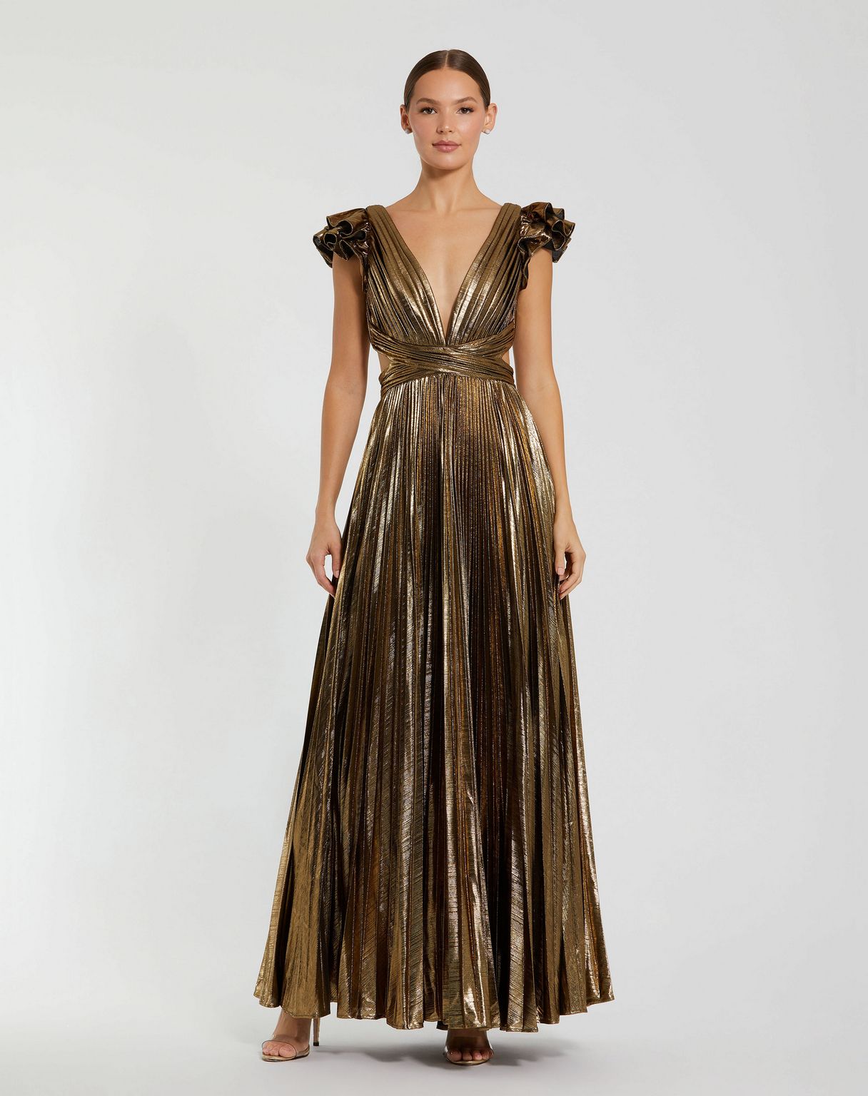 Formal Dresses Long Pleated Formal Prom Ruffle Dress Antique Gold