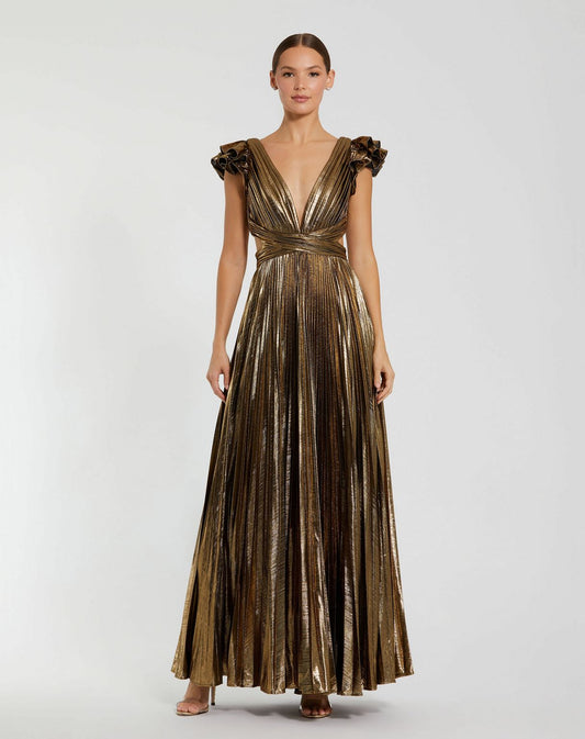 Formal Dresses Long Pleated Formal Prom Ruffle Dress Antique Gold