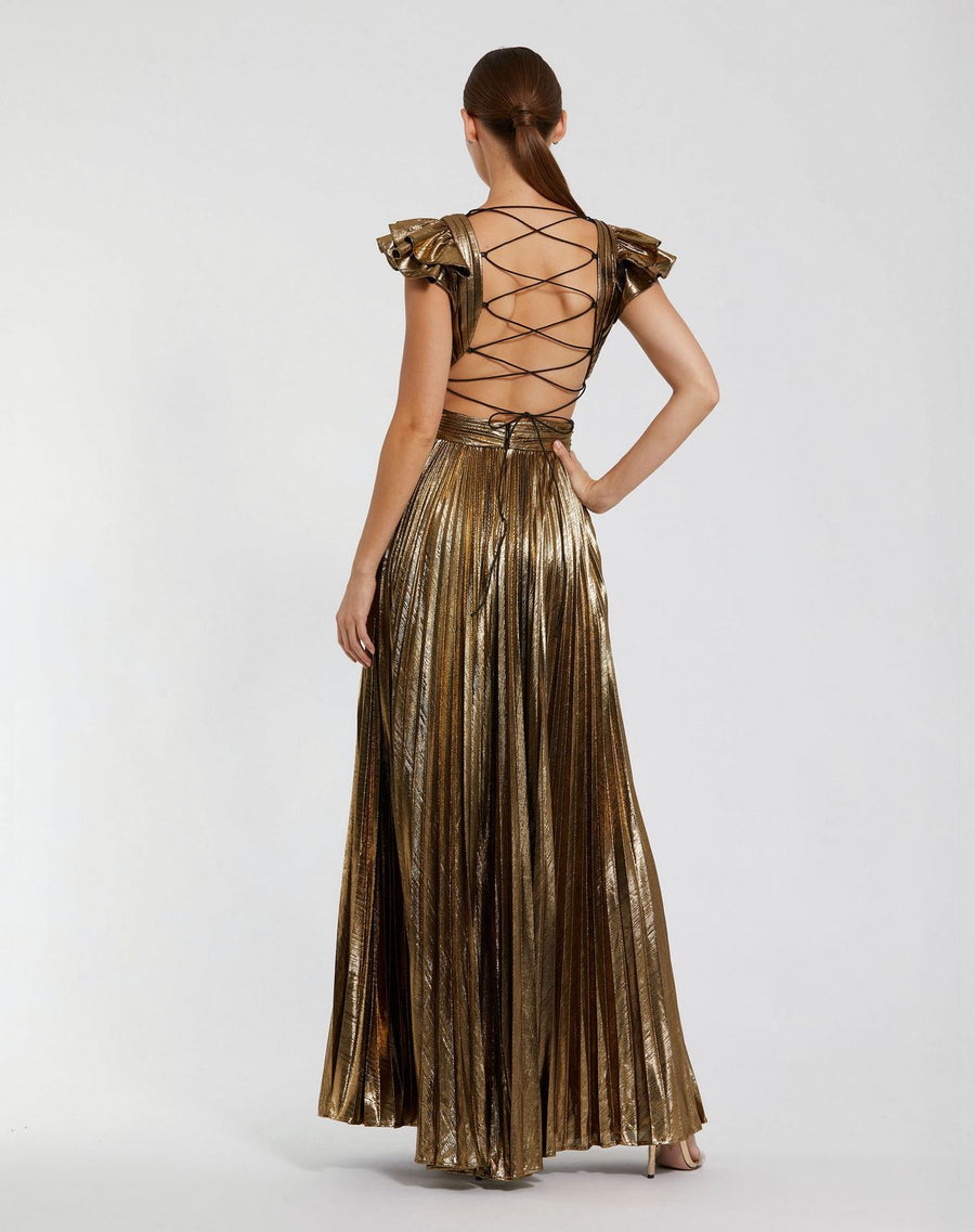 Formal Dresses Long Pleated Formal Prom Ruffle Dress Antique Gold