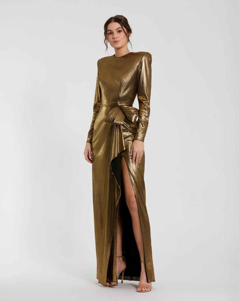 Formal Dresses Long Sleeve Formal Metallic Evening Dress Antique Gold