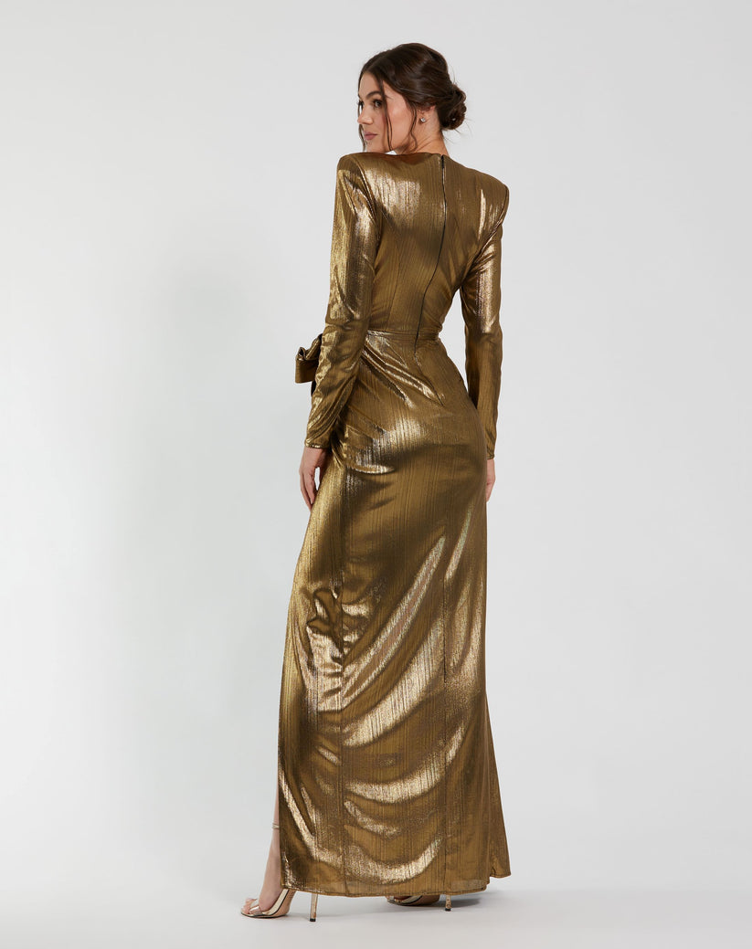 Formal Dresses Long Sleeve Formal Metallic Evening Dress Antique Gold