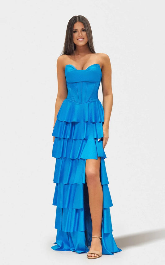 Prom Dresses Long Formal Fitted Slit Tiered Prom Dress Medium Blue