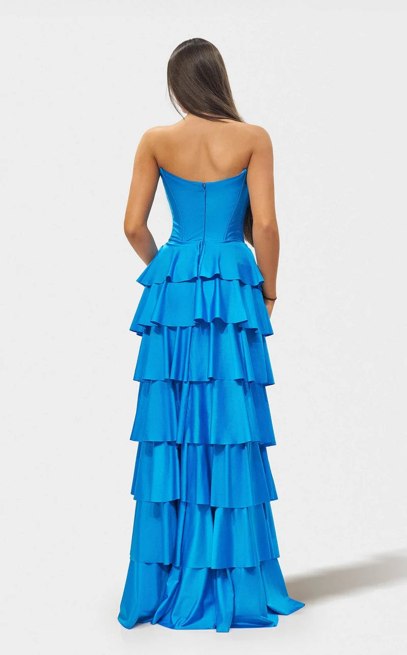 Prom Dresses Long Formal Fitted Slit Tiered Prom Dress Medium Blue