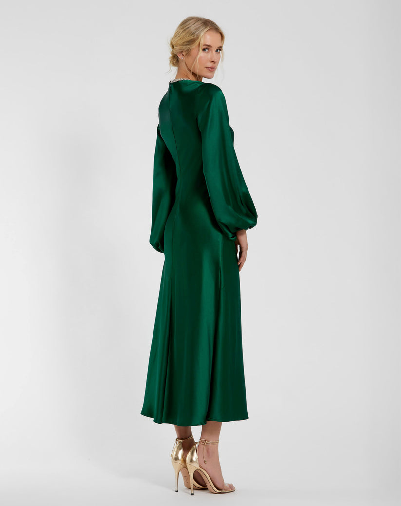 Cocktail Dresses Long Sleeve Satin Tea Length Dress Emerald