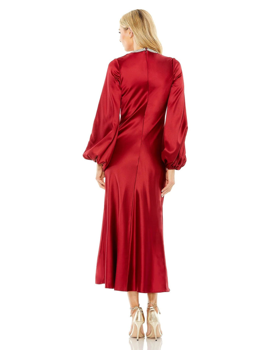 Cocktail Dresses Long Sleeve Satin Tea Length Dress Wine