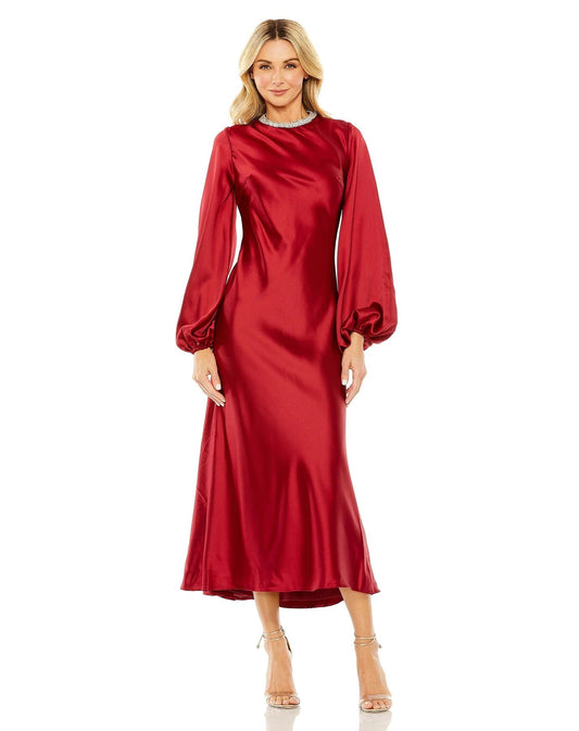Cocktail Dresses Long Sleeve Satin Tea Length Dress Wine