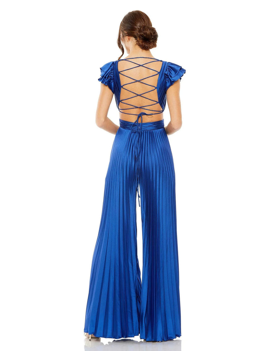 Jumpsuit Ruffle Cap Sleeve Cutout Heat Pleated Jumpsuit Cobalt
