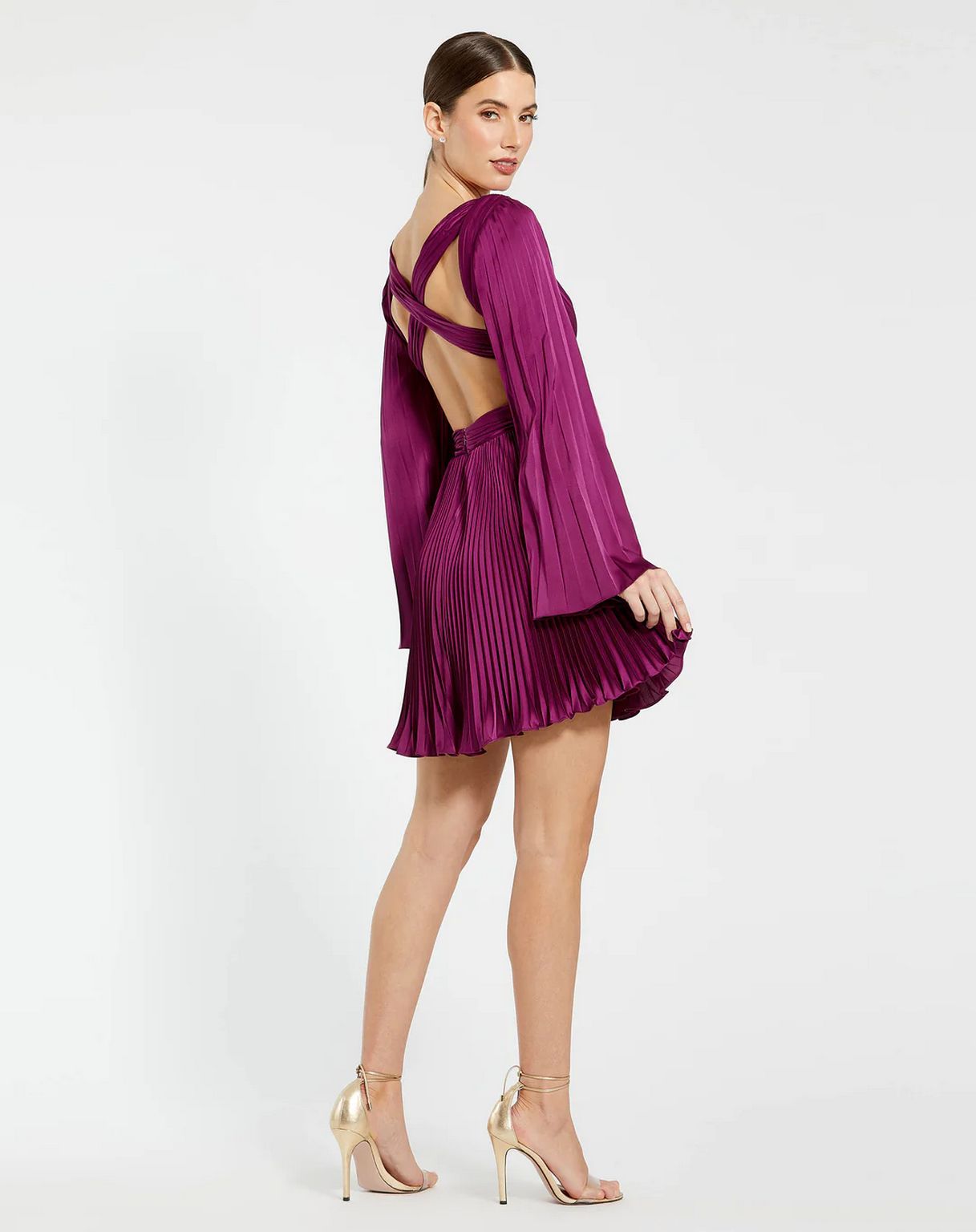 Cocktail Dresses Long Bell Sleeve Pleated Short Dress Magenta