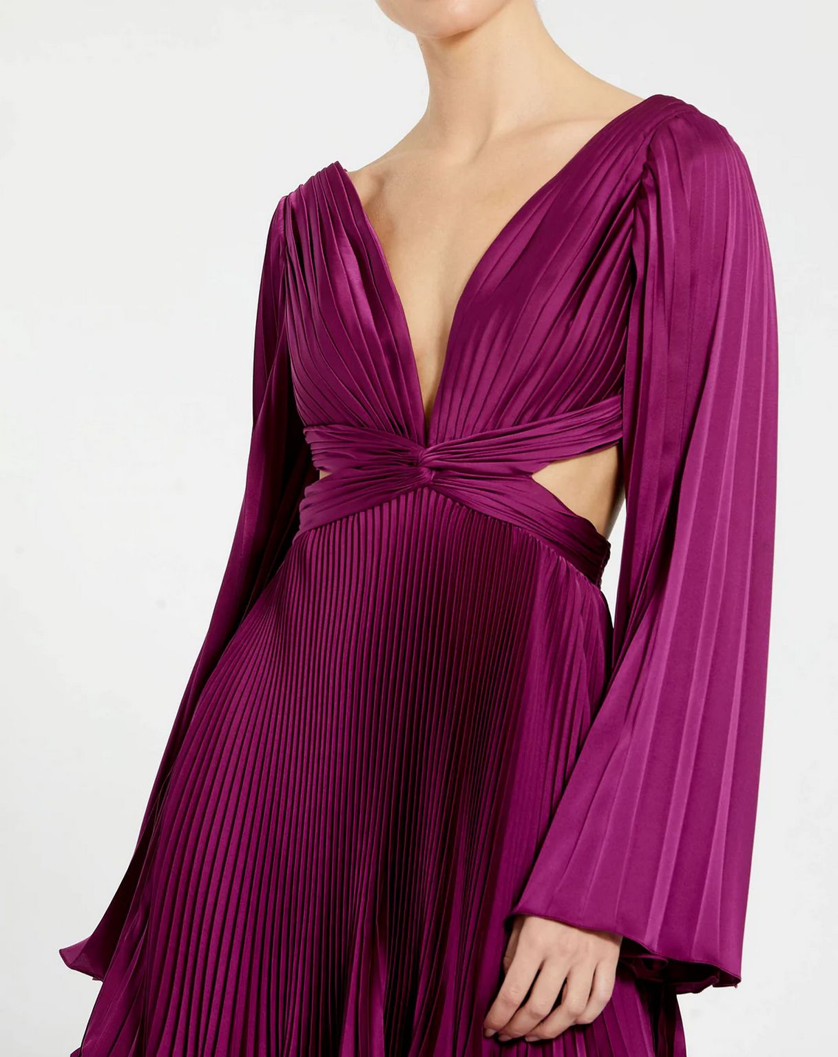 Cocktail Dresses Long Bell Sleeve Pleated Short Dress Magenta